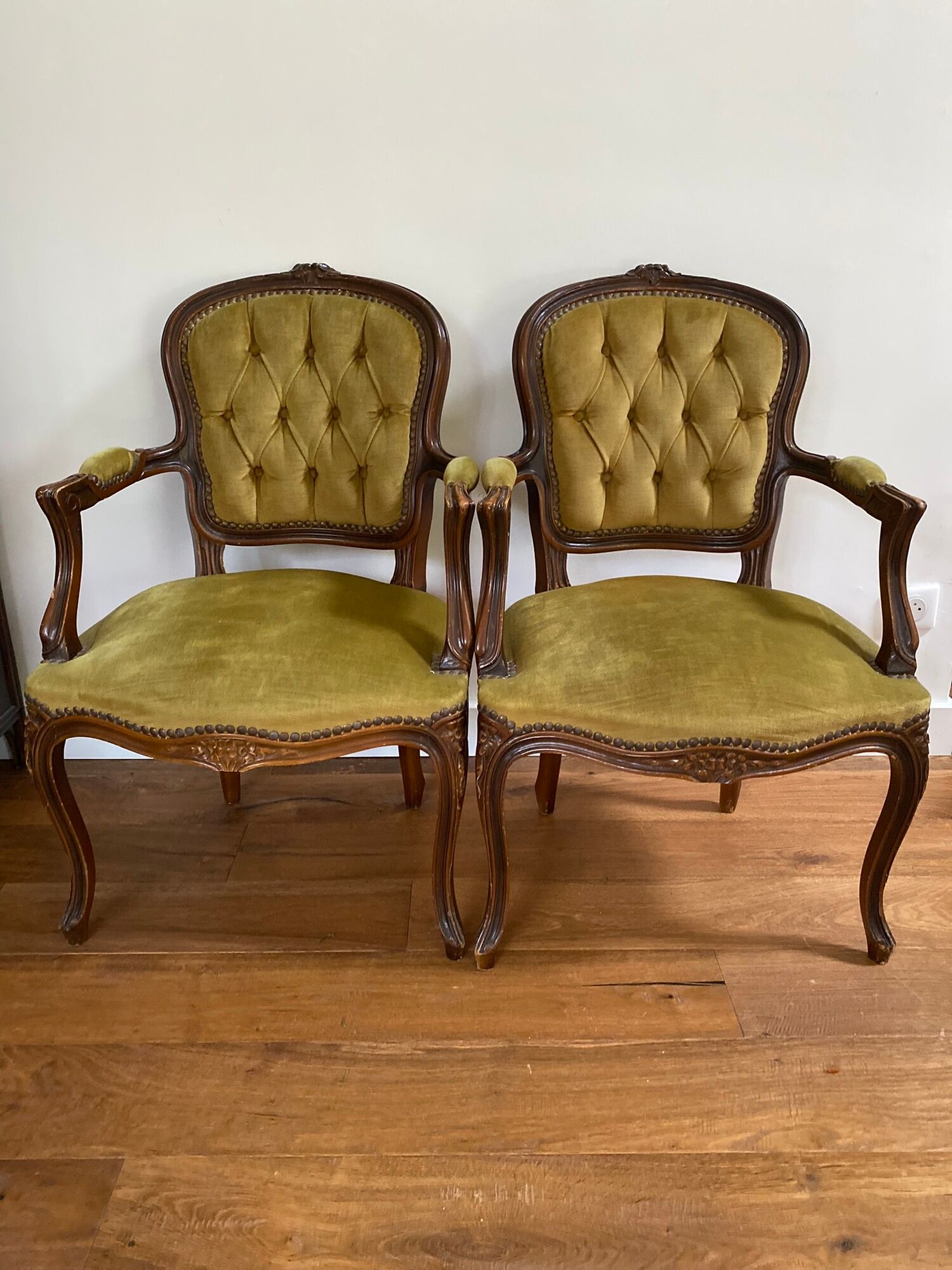 Cabriolets or Bergère armchairs Louis XV style in light green upholstered velvet