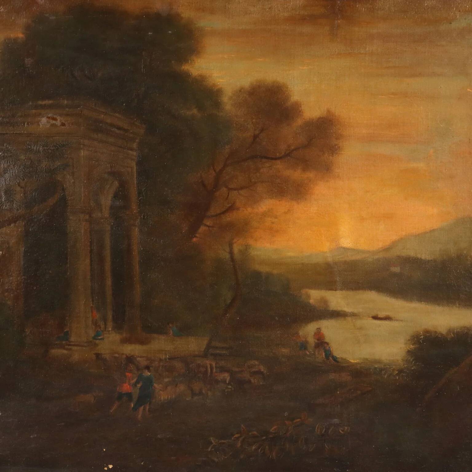 Ancient landscape painting with architecture, oil on canvas, 18th century.