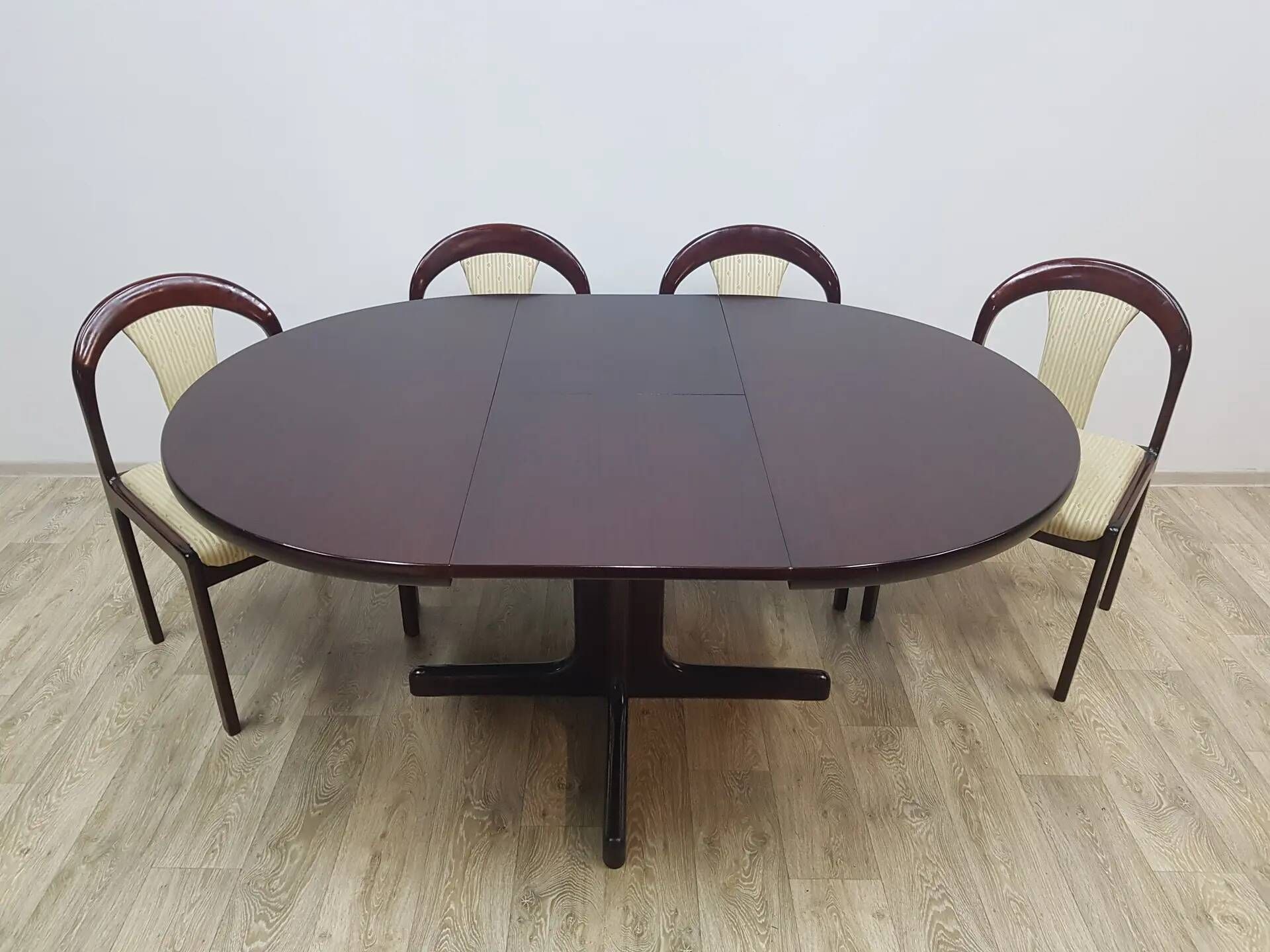 Dining set, brown mahogany, beige fabric, Lübke, Germany, 1960s.