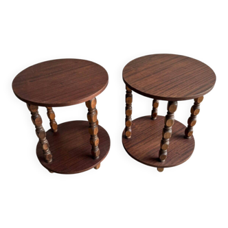 Set of 2 dark brown solid wood brutalist side tables with turned legs