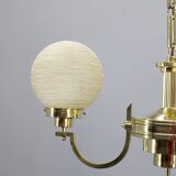 1930s Art Deco brass chandelier with textured glass globes, Czechoslovakia