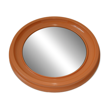 Orange vintage round wall plastic mirror 1980s, space age vanity mirror