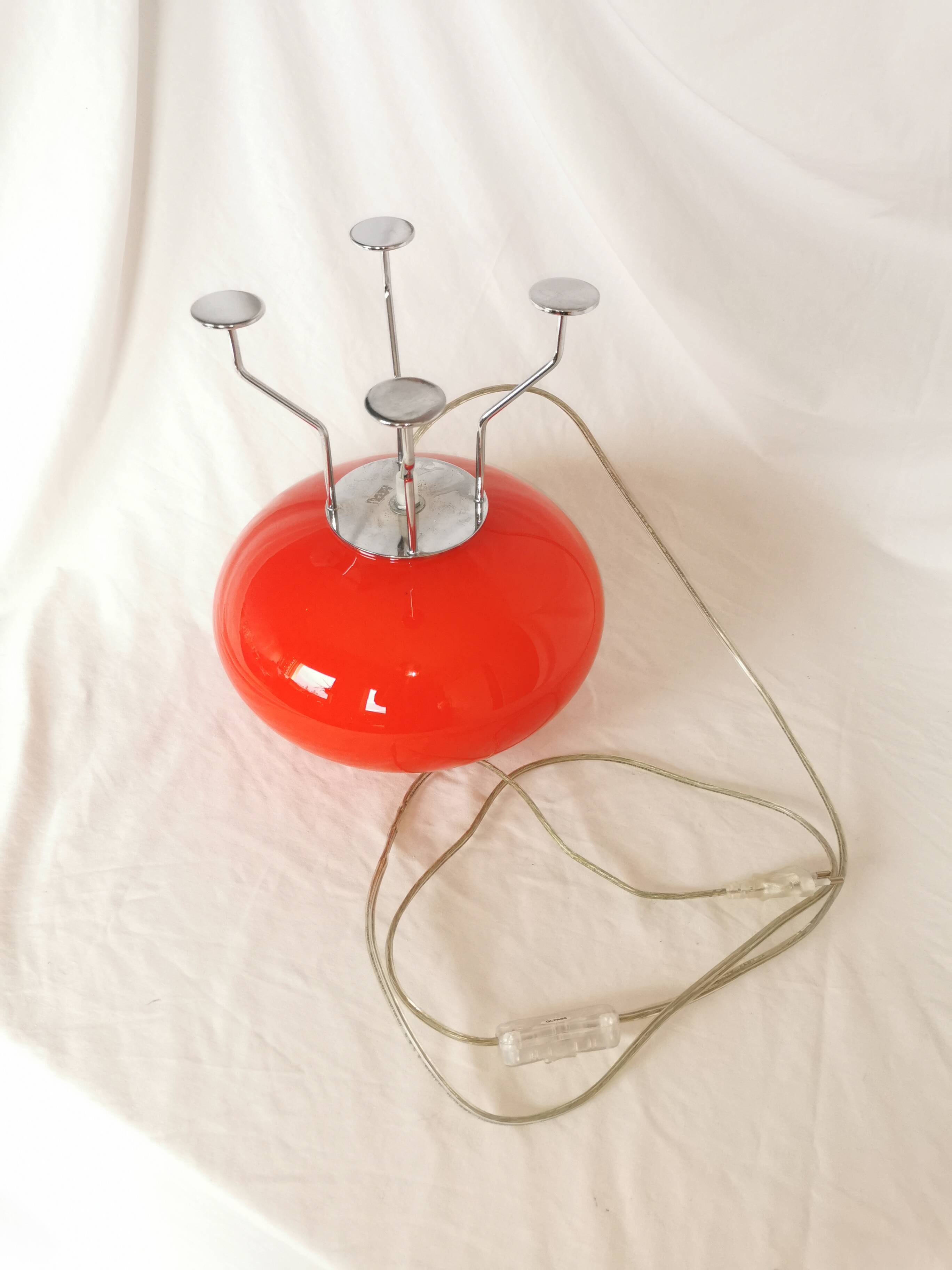 Red ufo mushroom lamp, space age, opaline and chrome steel.