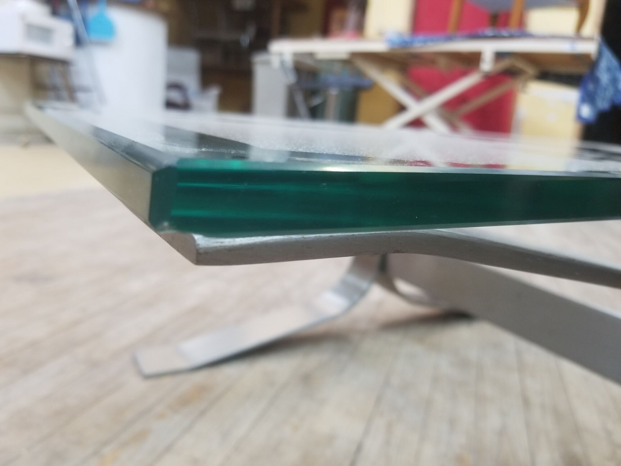 Vintage brushed steel coffee table and thick glass top - italian design