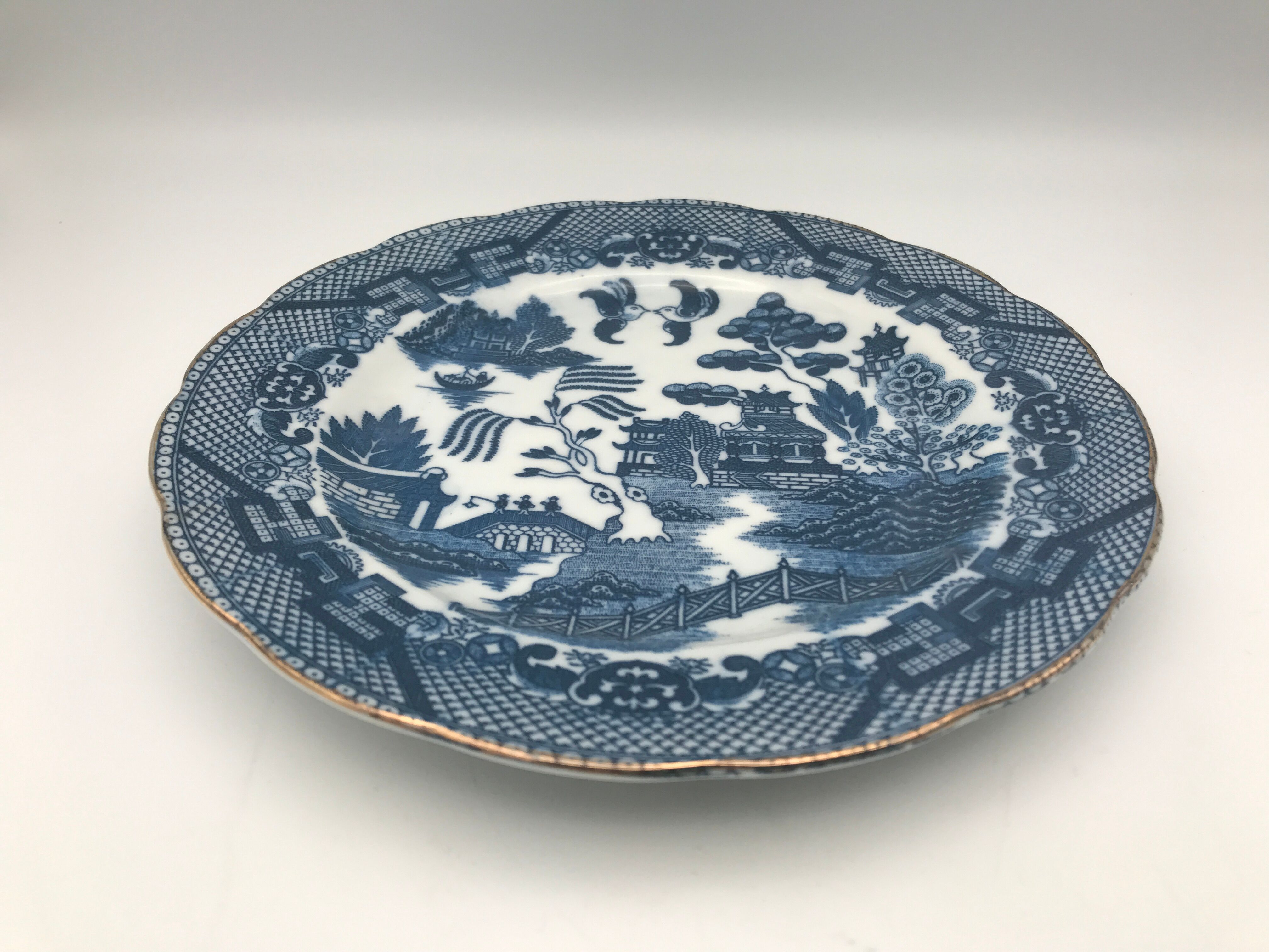 Old earthenware plate with decoration of landscape of asia 19.5 cm