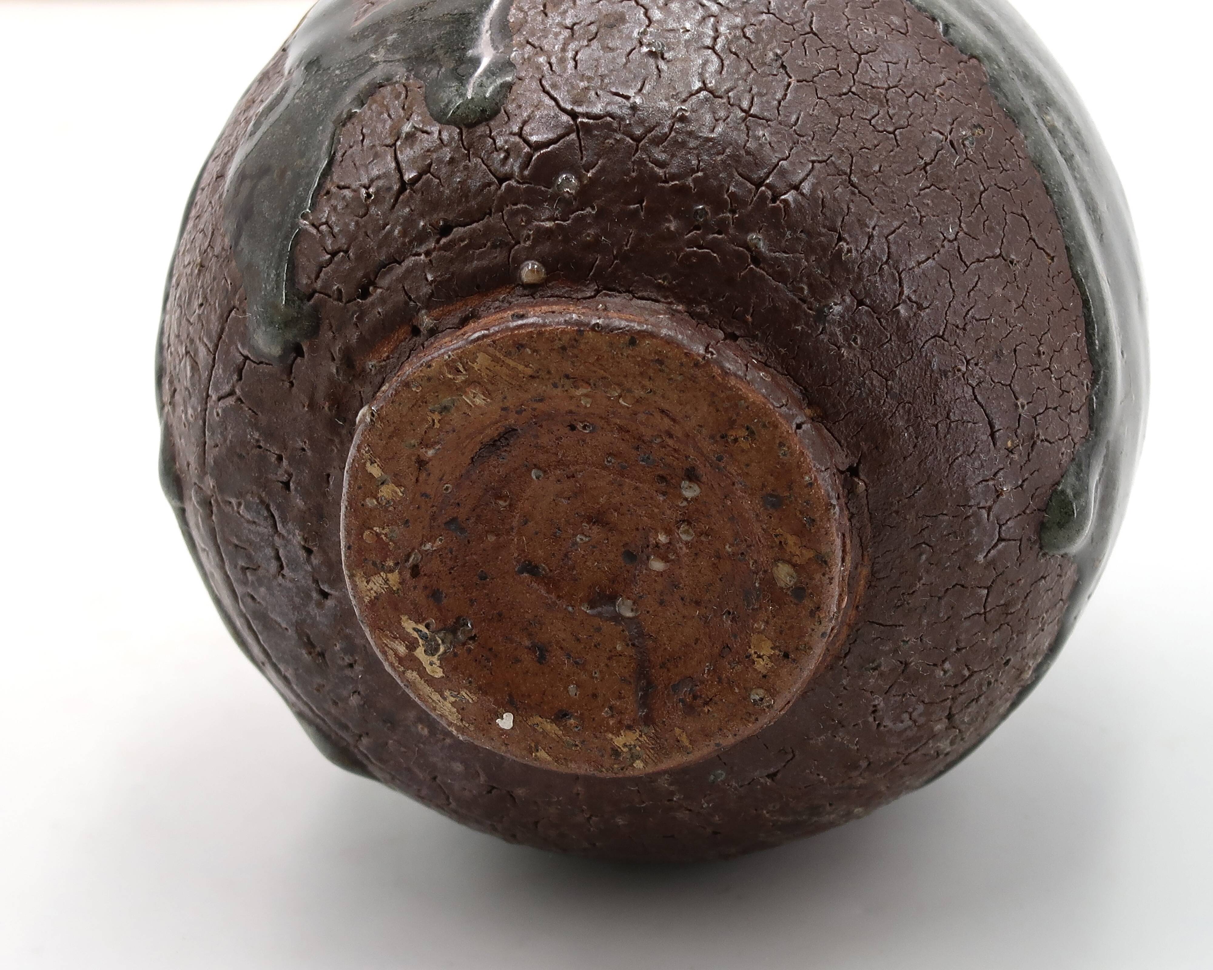 Wabi-sabi round vase in stoneware with green glazing, 1970s ceramics.