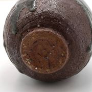 Wabi-sabi round vase in stoneware with green glazing, 1970s ceramics.