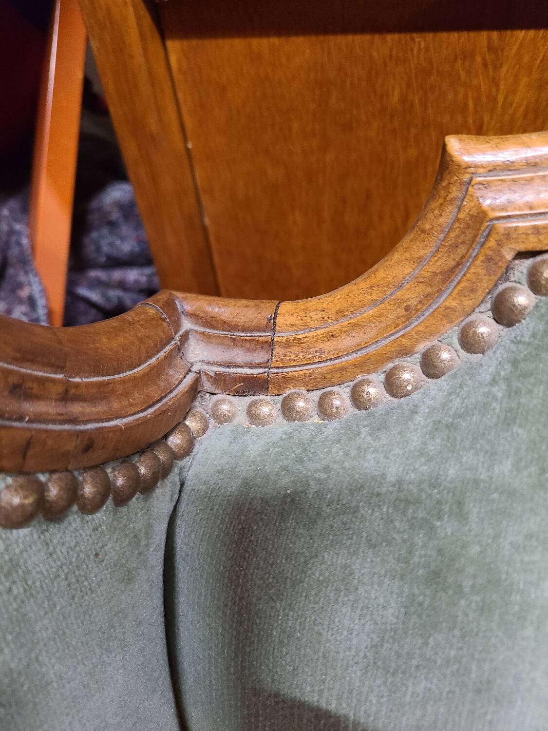 Vintage Louis XV style wing chair, light green velvet