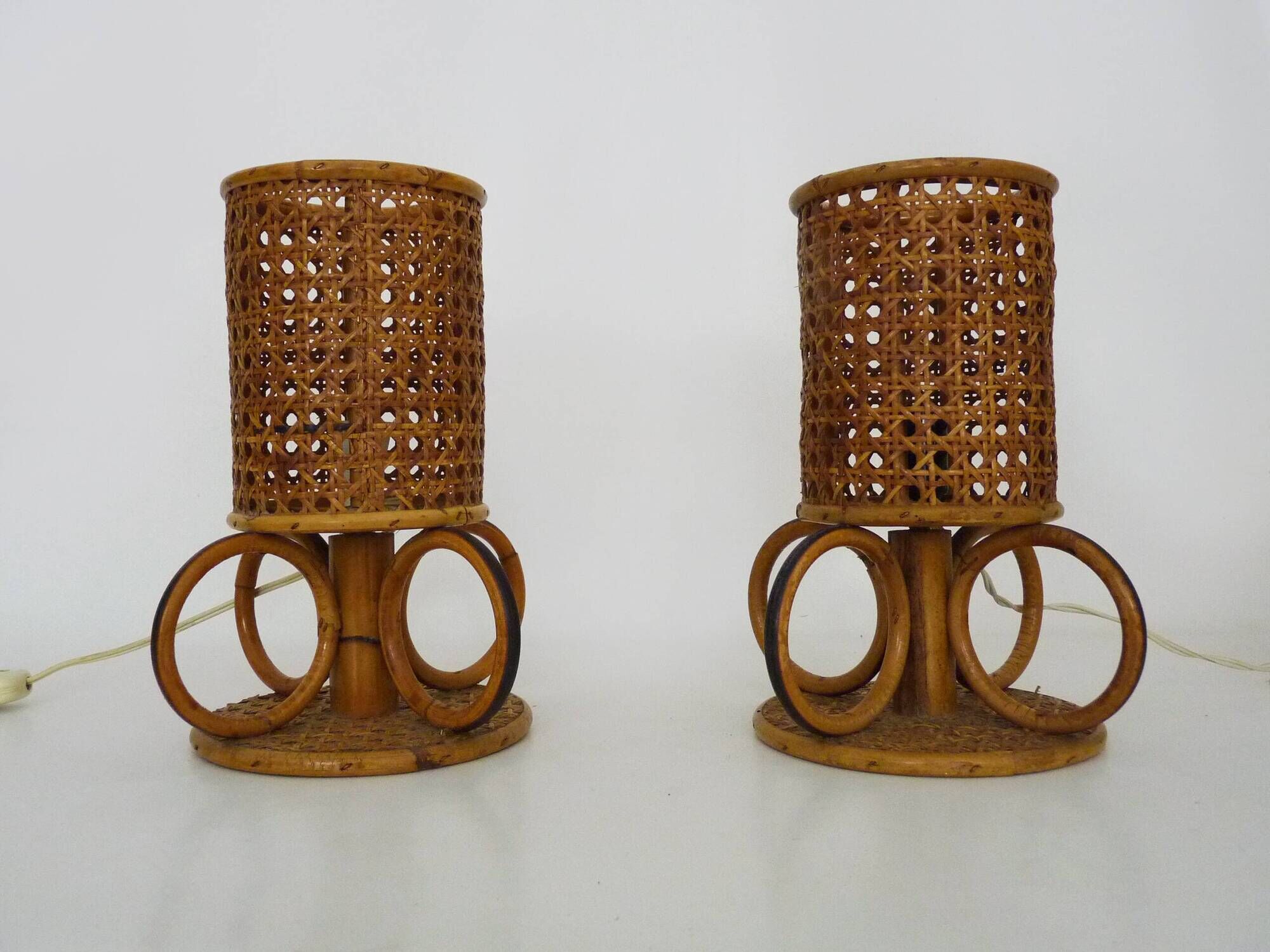 Pair of bamboo rattan caned lamps. Italy 1950s 60s.