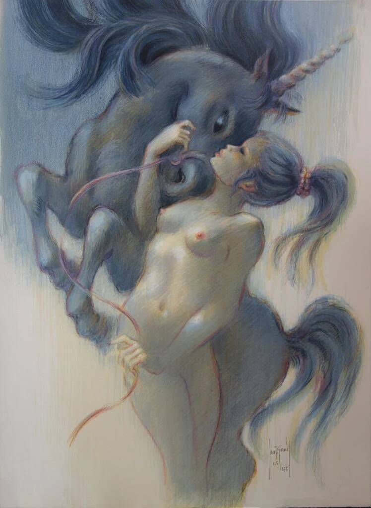 Francis DE SAINT GENIES: Young Girl with a Unicorn, original signed lithograph