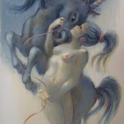 Francis DE SAINT GENIES: Young Girl with a Unicorn, original signed lithograph