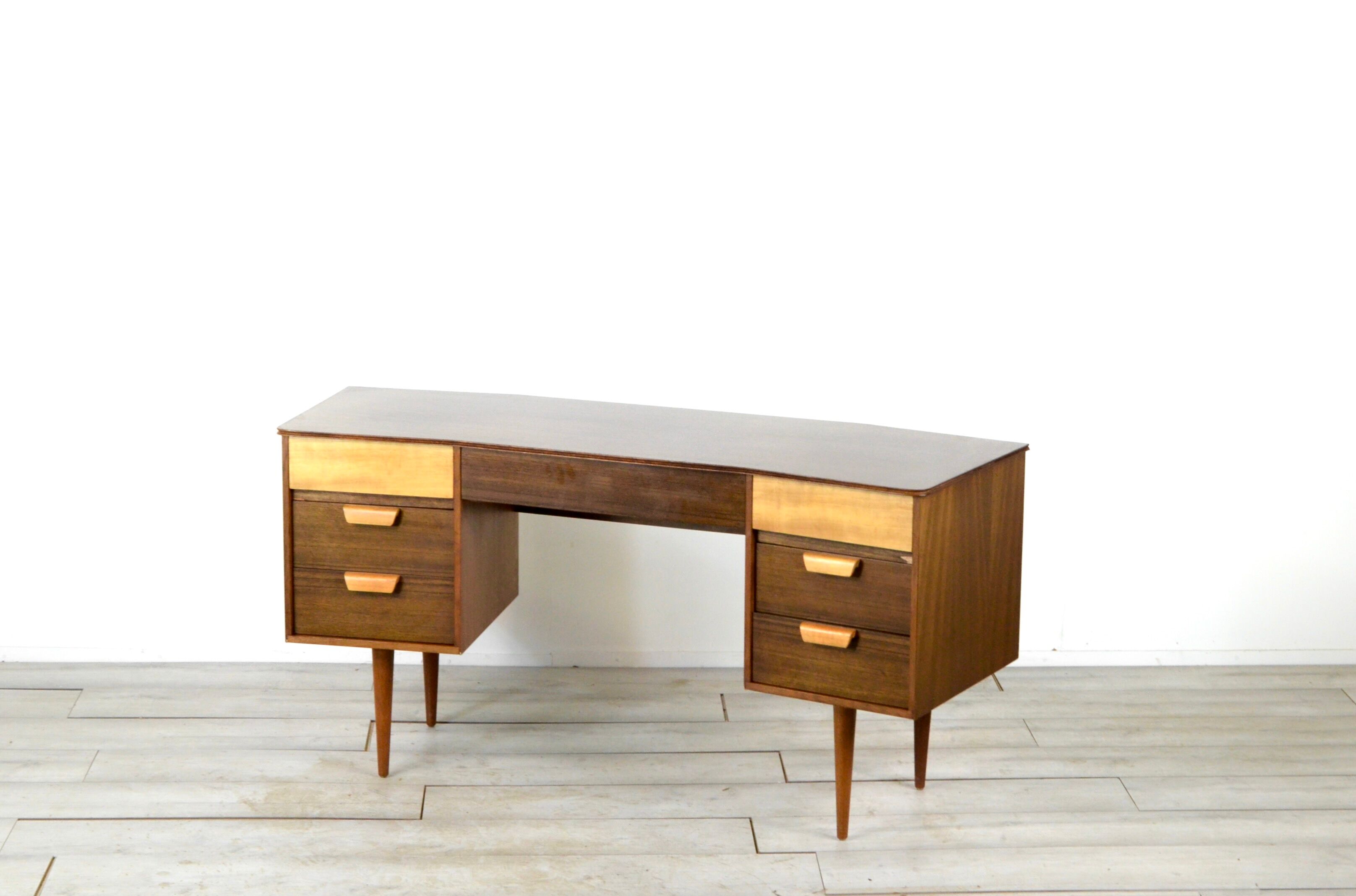 Midcentury Uniflex Walnut And Beech Concave Desk Designed By Gunther Hoffstead .