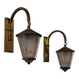 Pair of vintage wall lights, brass and glass, France 1950