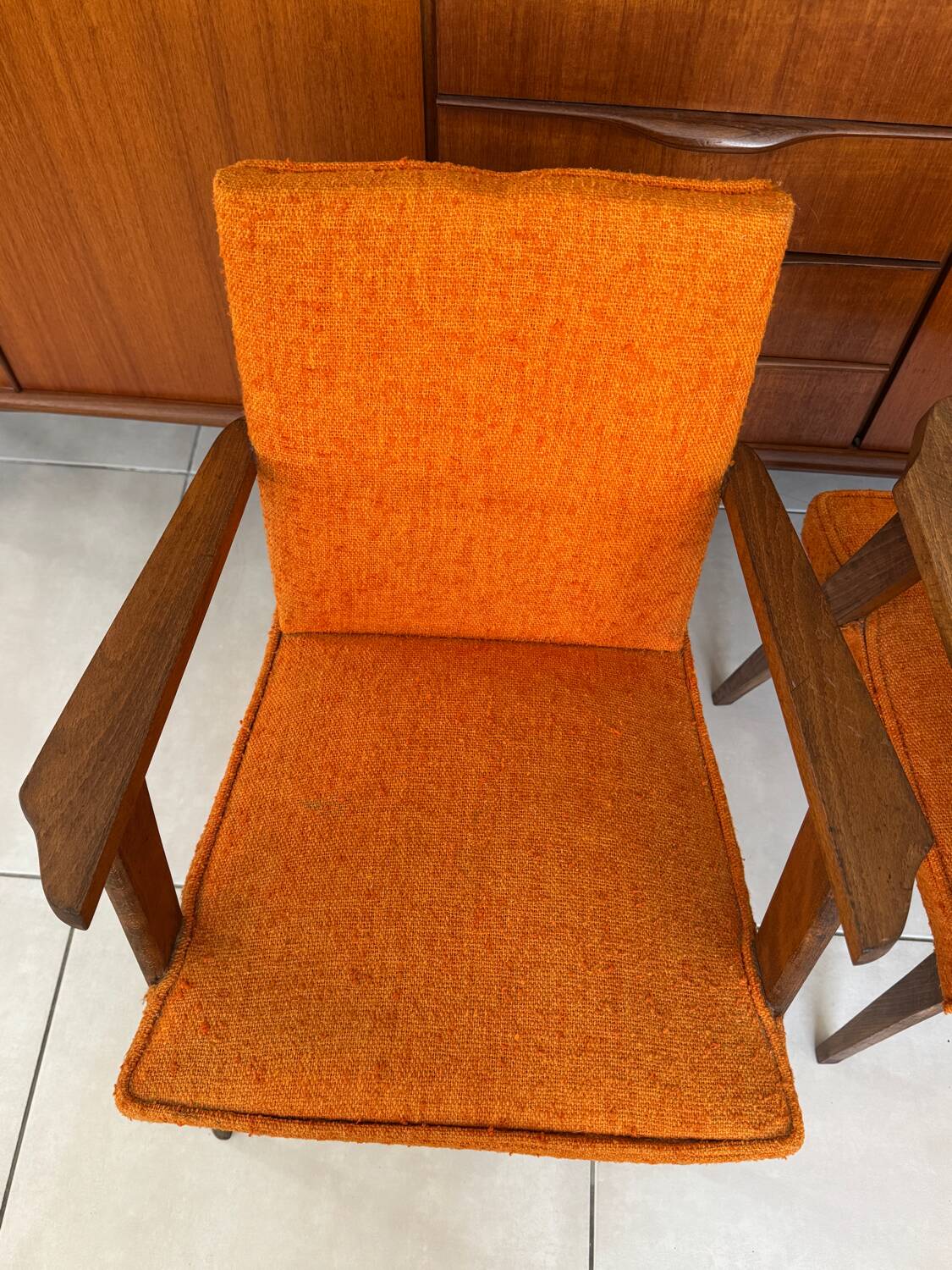Pair of vintage 60s armchairs in wood and orange bouclé fabric