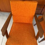 Pair of vintage 60s armchairs in wood and orange bouclé fabric