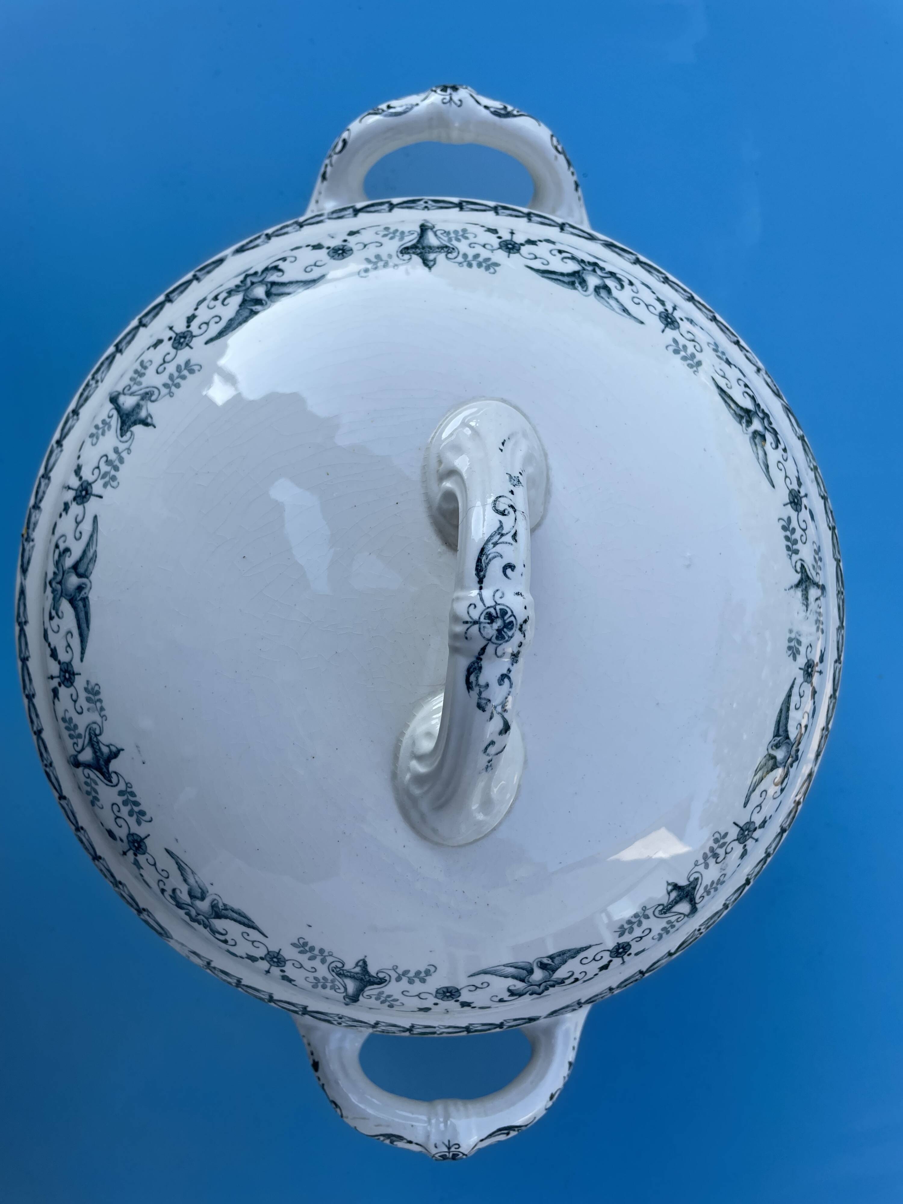 Soupière ronde modèle Primerose oiseaux demi porcelaine Badonviller