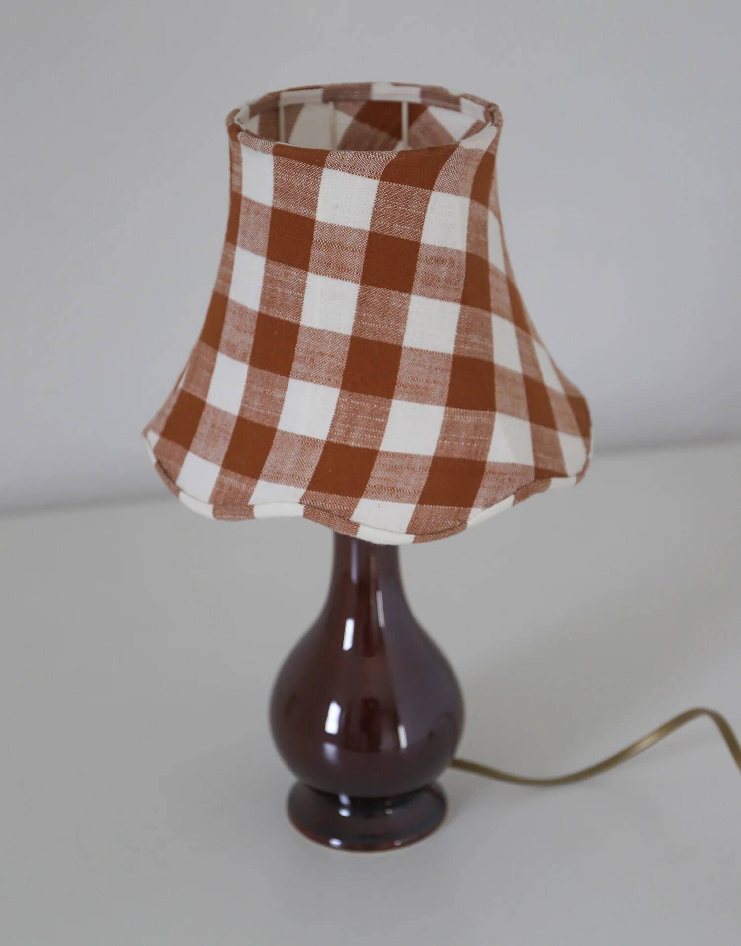 Recycled vintage lamp — brown ceramic base, terracotta gingham shade