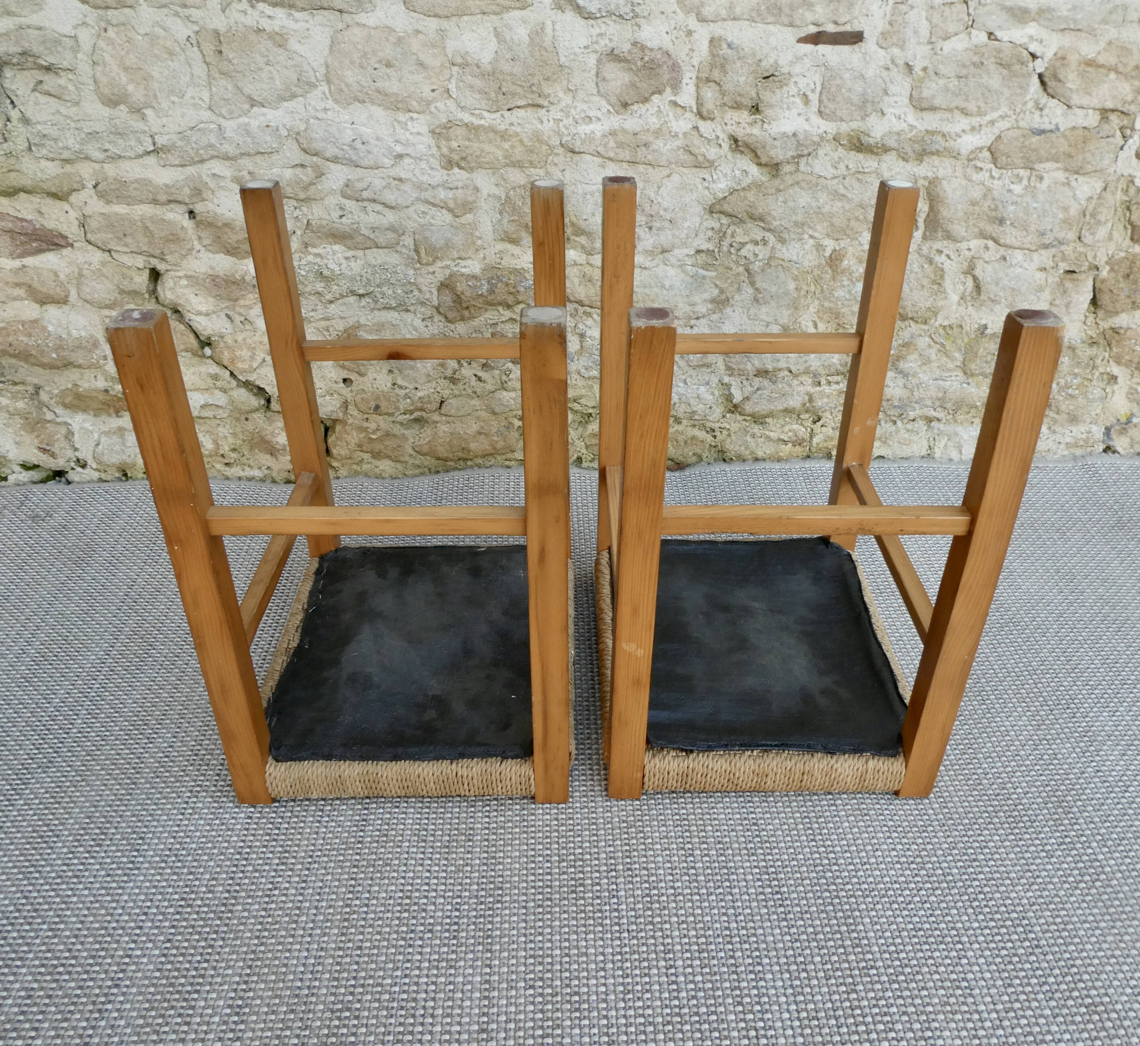Pair of light wood stools and braided rope, 60s