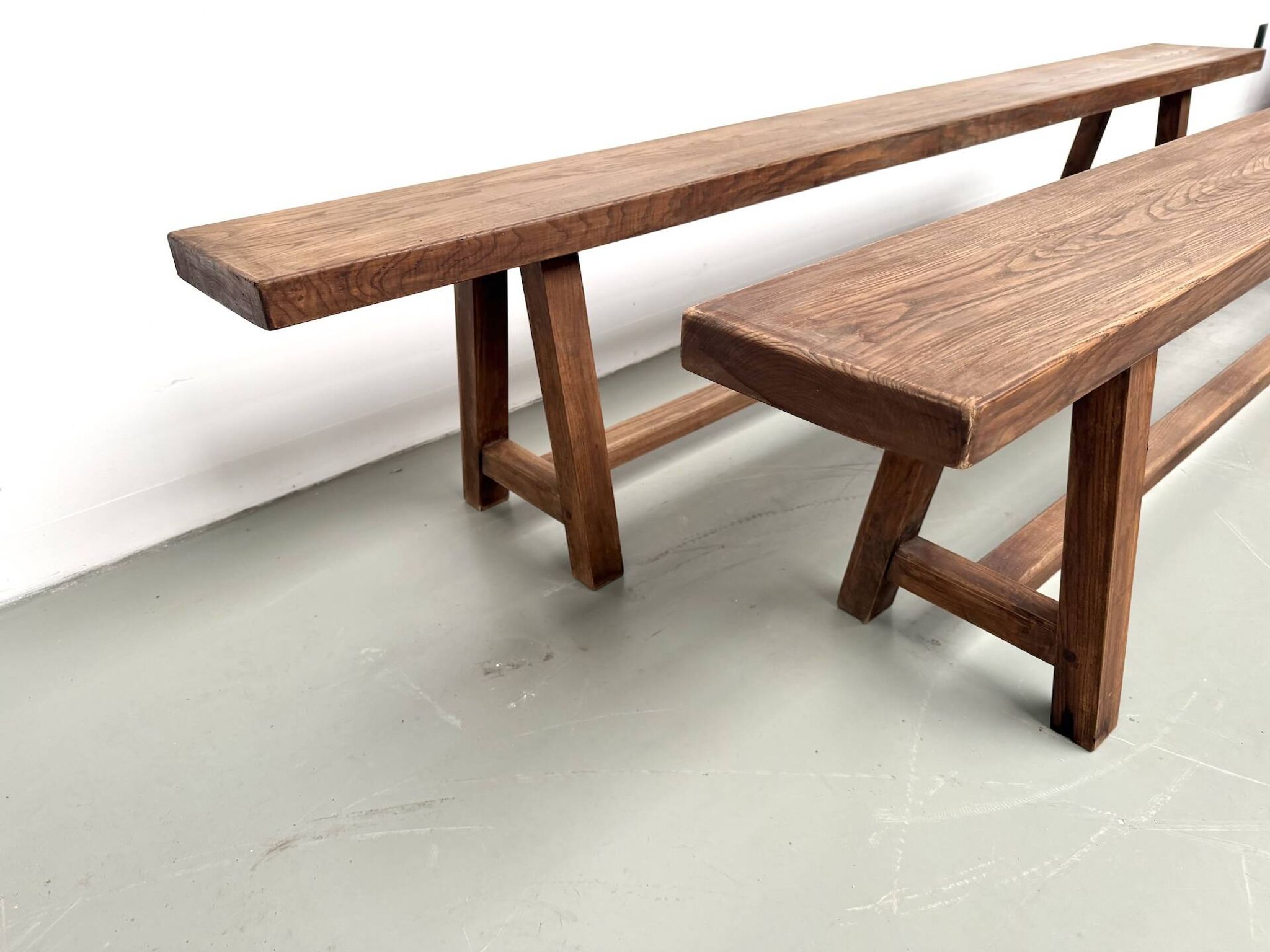 Pair of XL size benches in solid oak, 1950s.