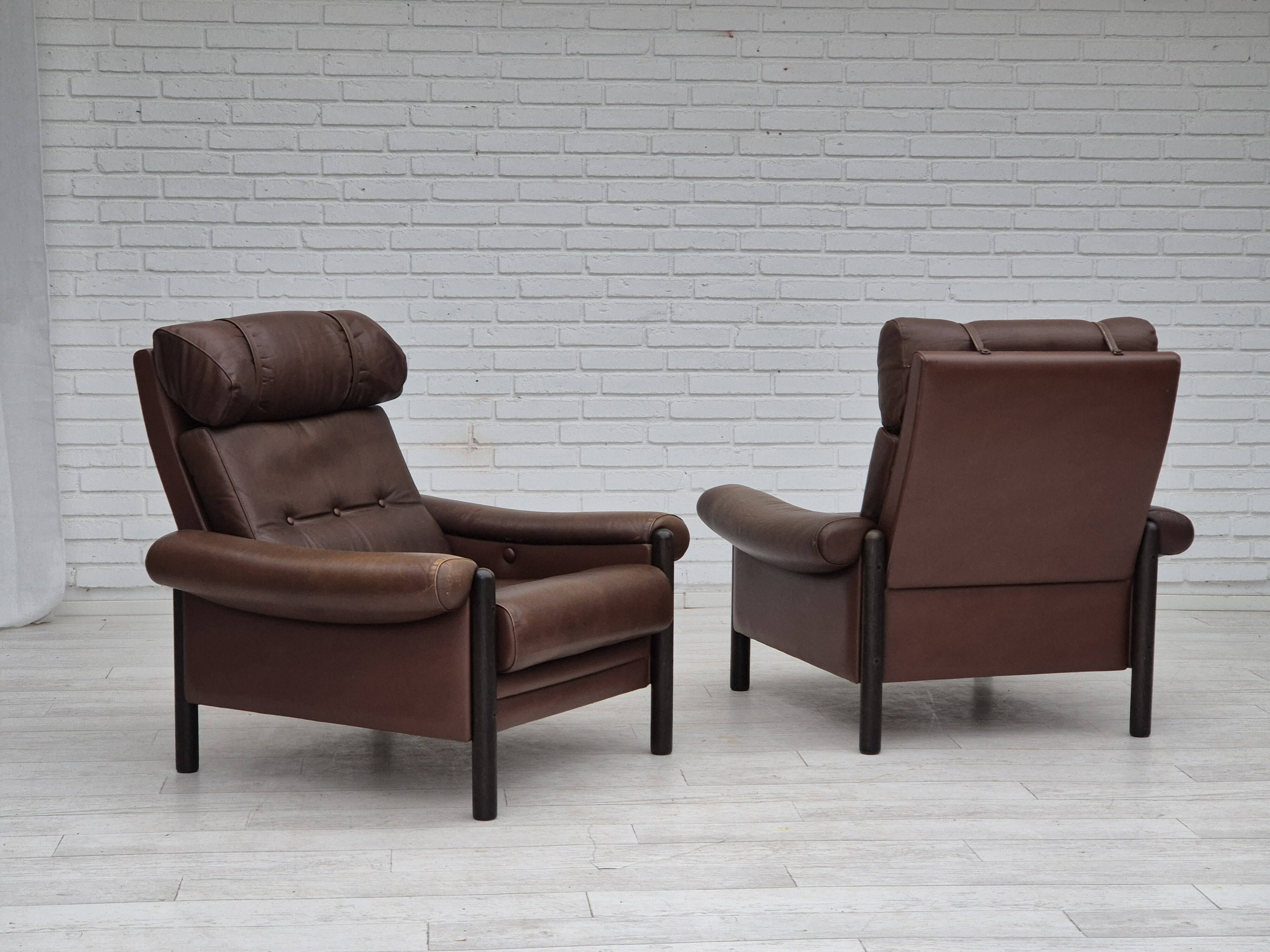 1970s, Danish armchair, original condition, furniture leather, dark oak wood.