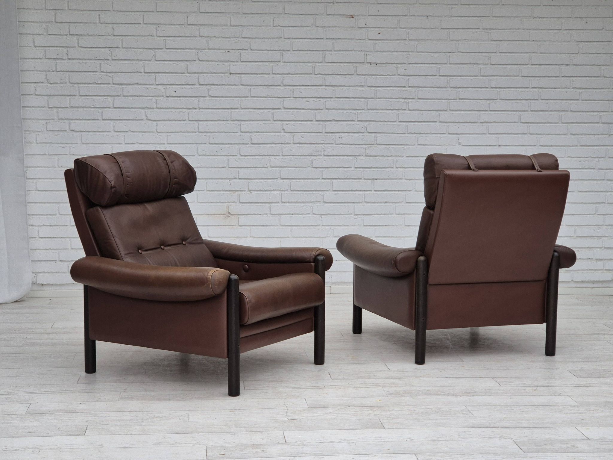 1970s, Danish armchair, original condition, furniture leather, dark oak wood.