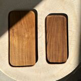 Trio of rounded rectangular trays or cups in monoxyl teak L:35