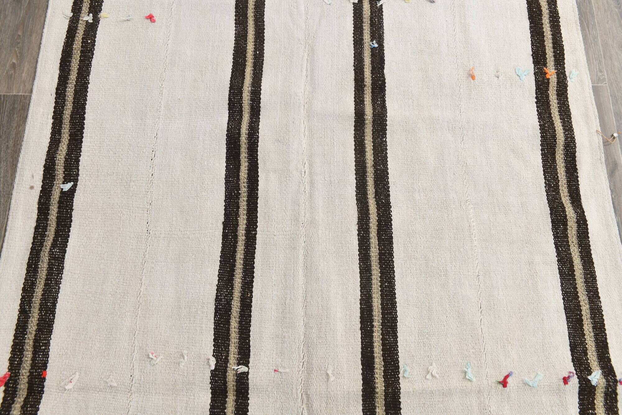 5x7 Turkish Hand-Woven Beige & Brown Striped Kilim Carpet, 144x202Cm