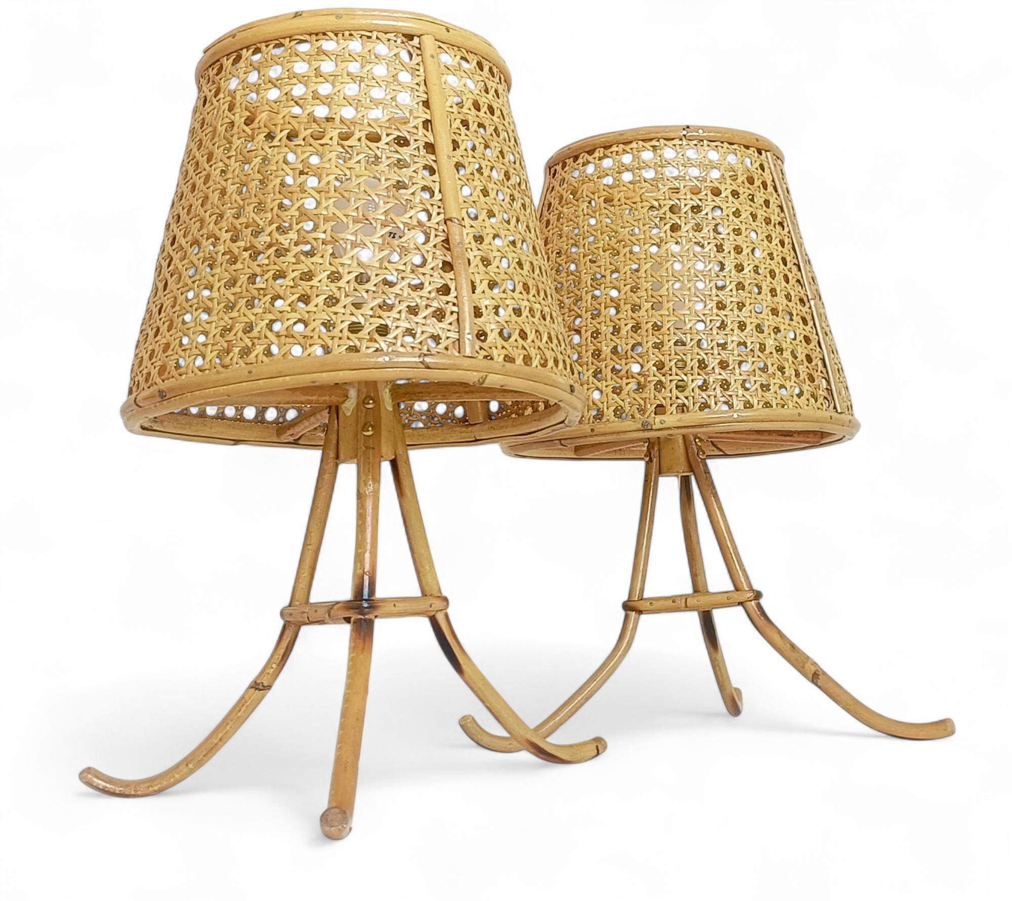 Mid-Century Bamboo and Cane Pair of Large Table Lamps By Louis Sognot, 1970s