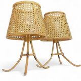 Mid-Century Bamboo and Cane Pair of Large Table Lamps By Louis Sognot, 1970s