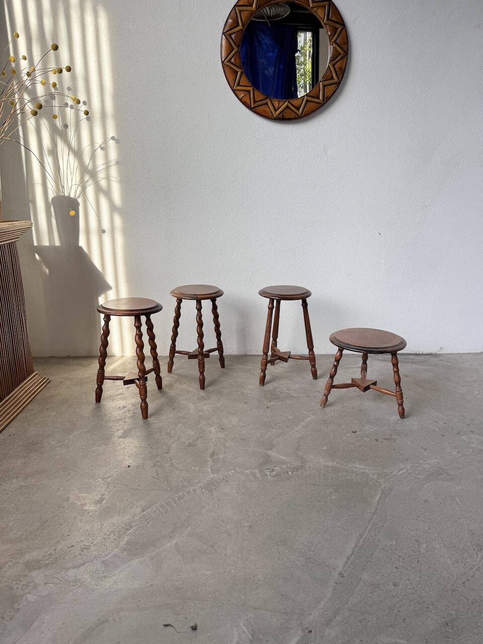 Set of 4 turned oak stools.