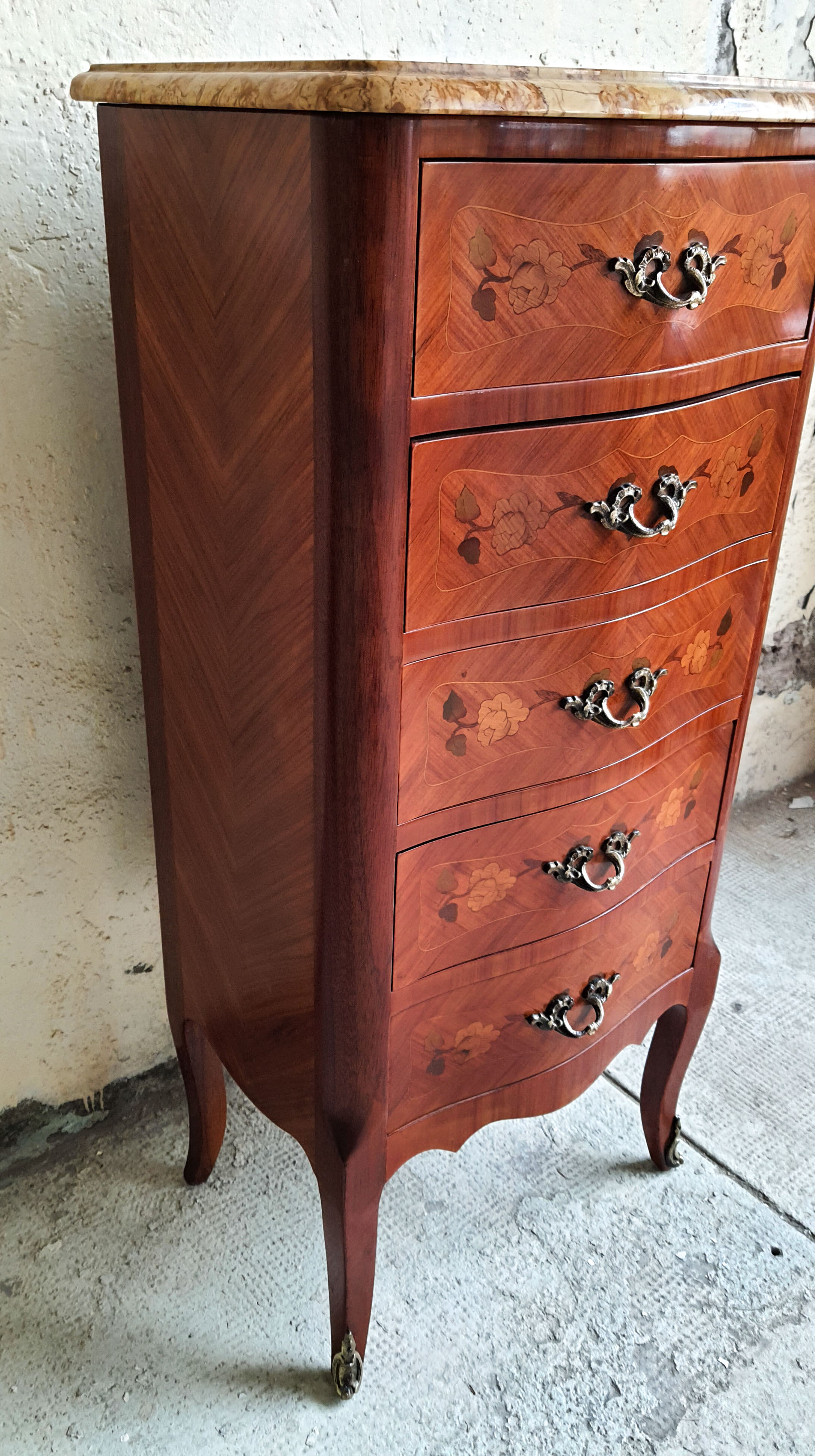 Chiffonnier Louis XV marquetry and marble