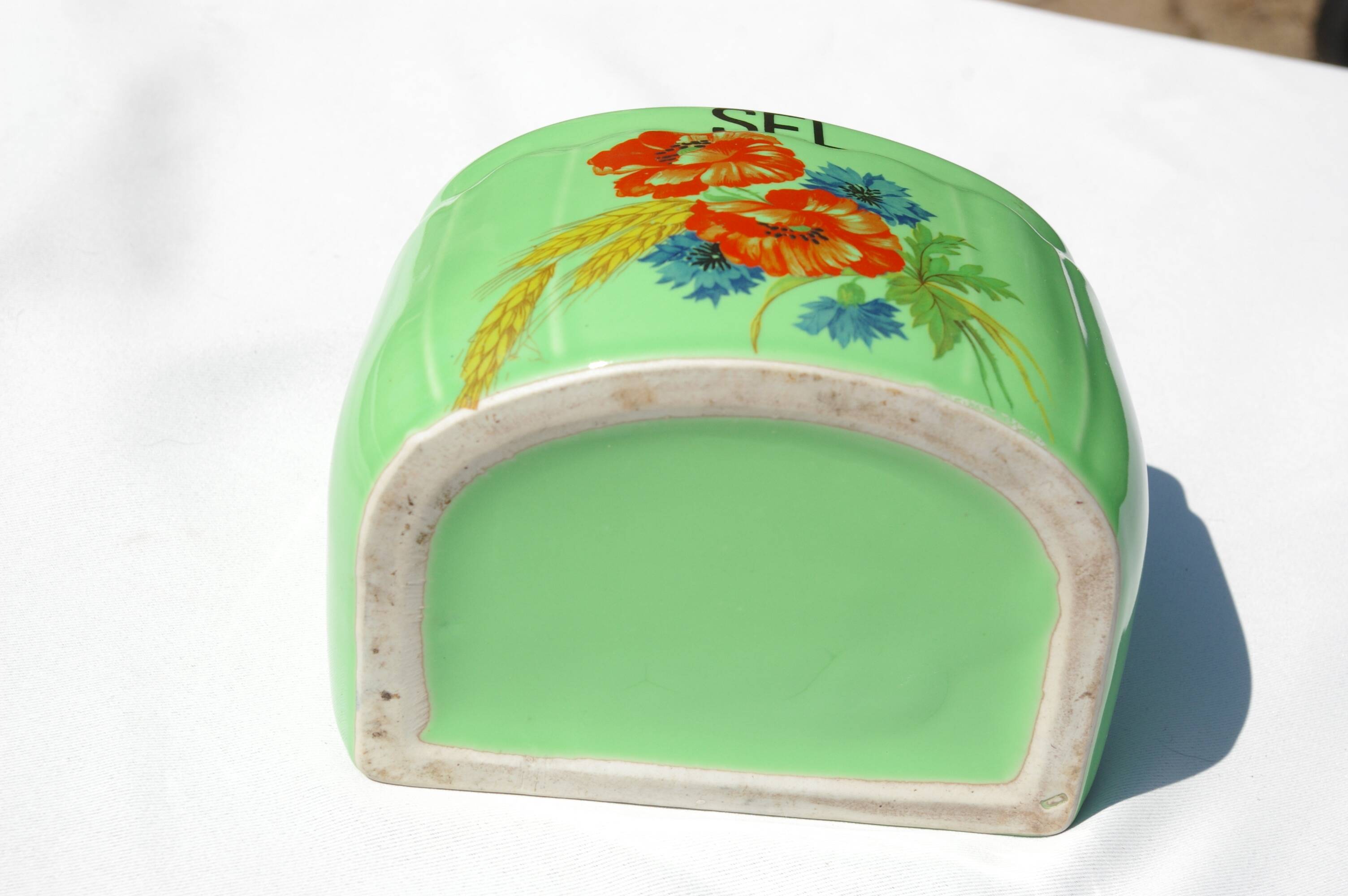 Vintage Ceramic and Wood Salt Box - Rare green color