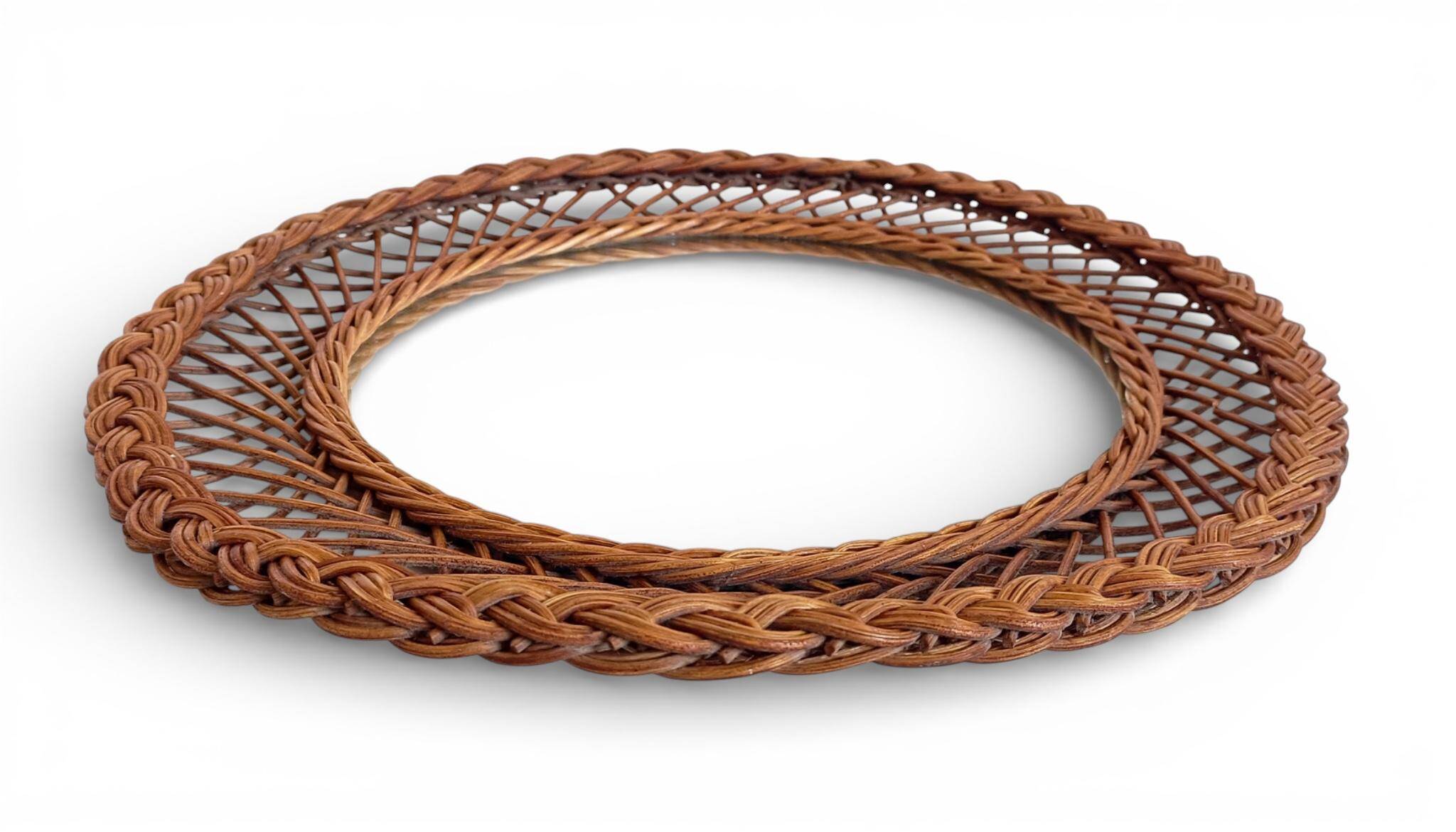 Rustic French Provence Wicker Round Mirror, Organic Modern, Handmade, France