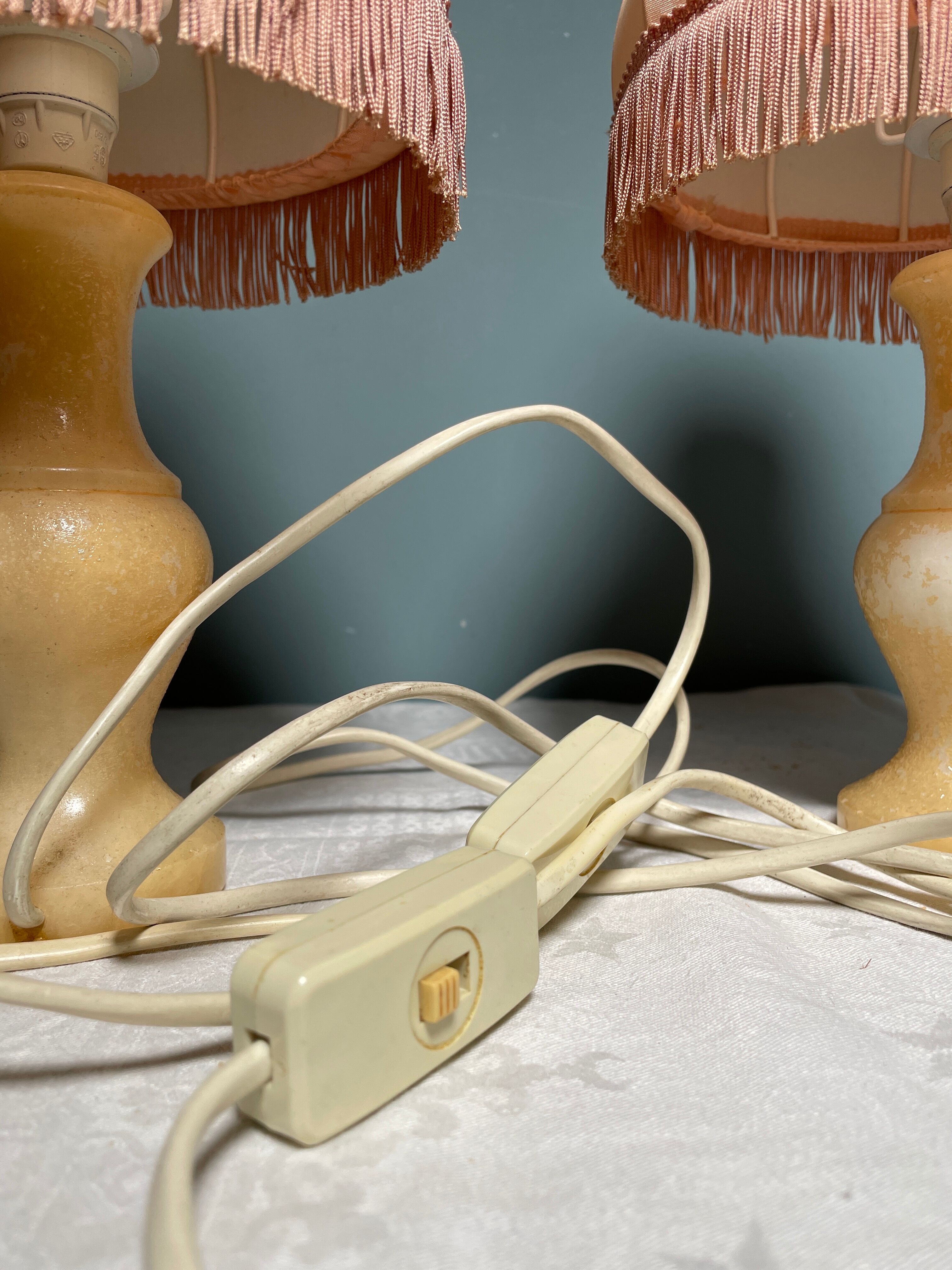 Pair of vintage bedside lamps with pink fringes