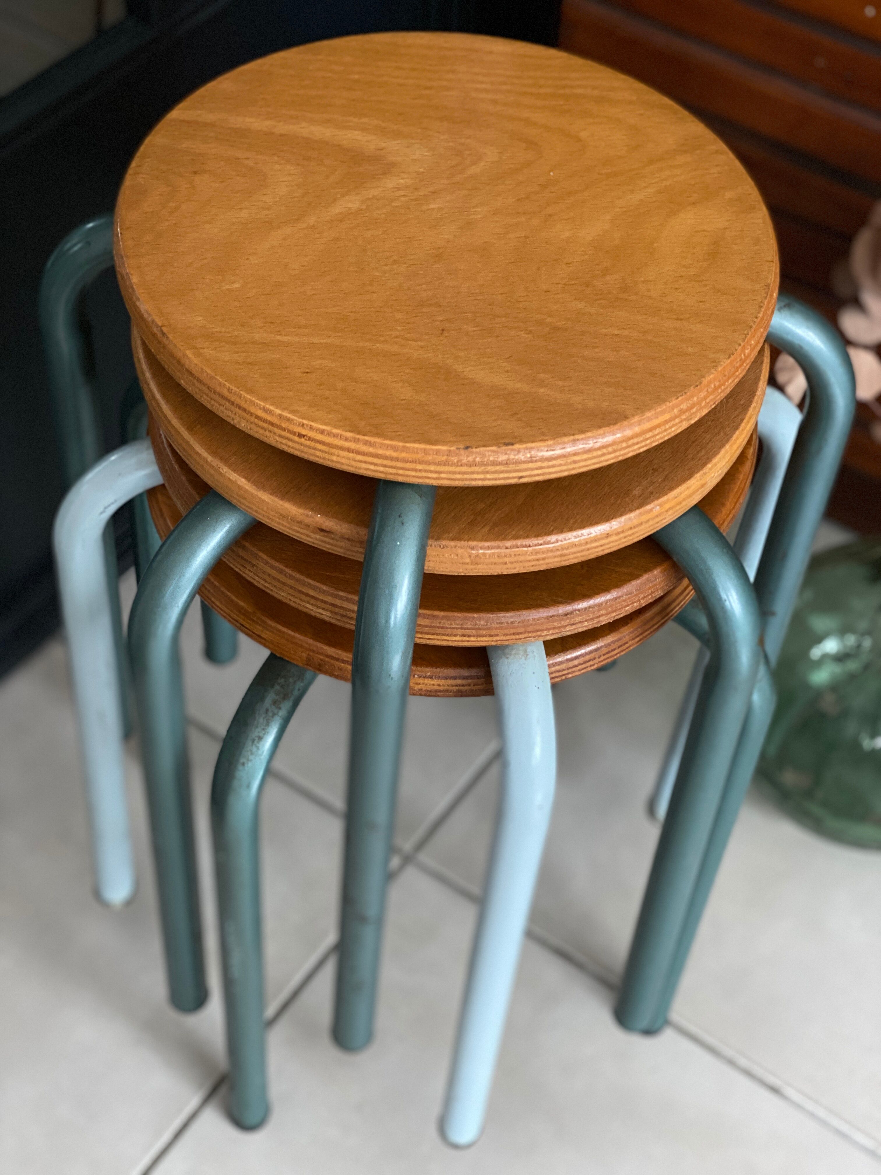 Set of 4 metal and wood workshop stools