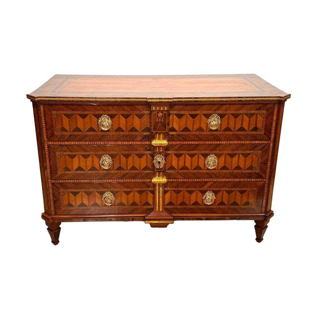 Austrian Louis XVI Commode in Walnut Veneer with Inlays and Gold Plate, 1790s