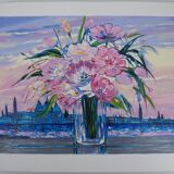 Michel Henry: Bouquet of flowers under a pink sky, original signed silkscreen print