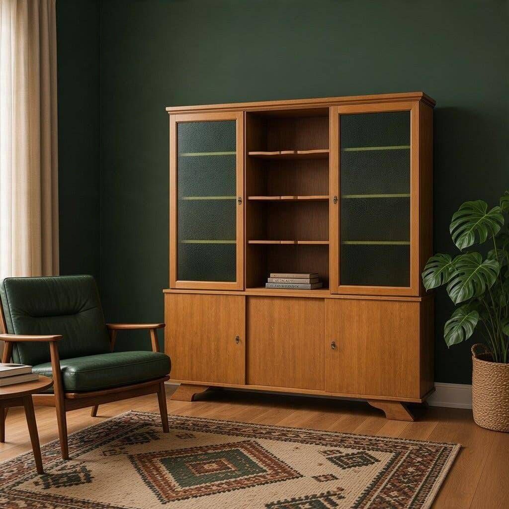Vintage wooden display cabinet with green glass.