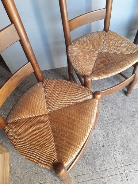 4 modernist chairs design wood and straw era 1960/70