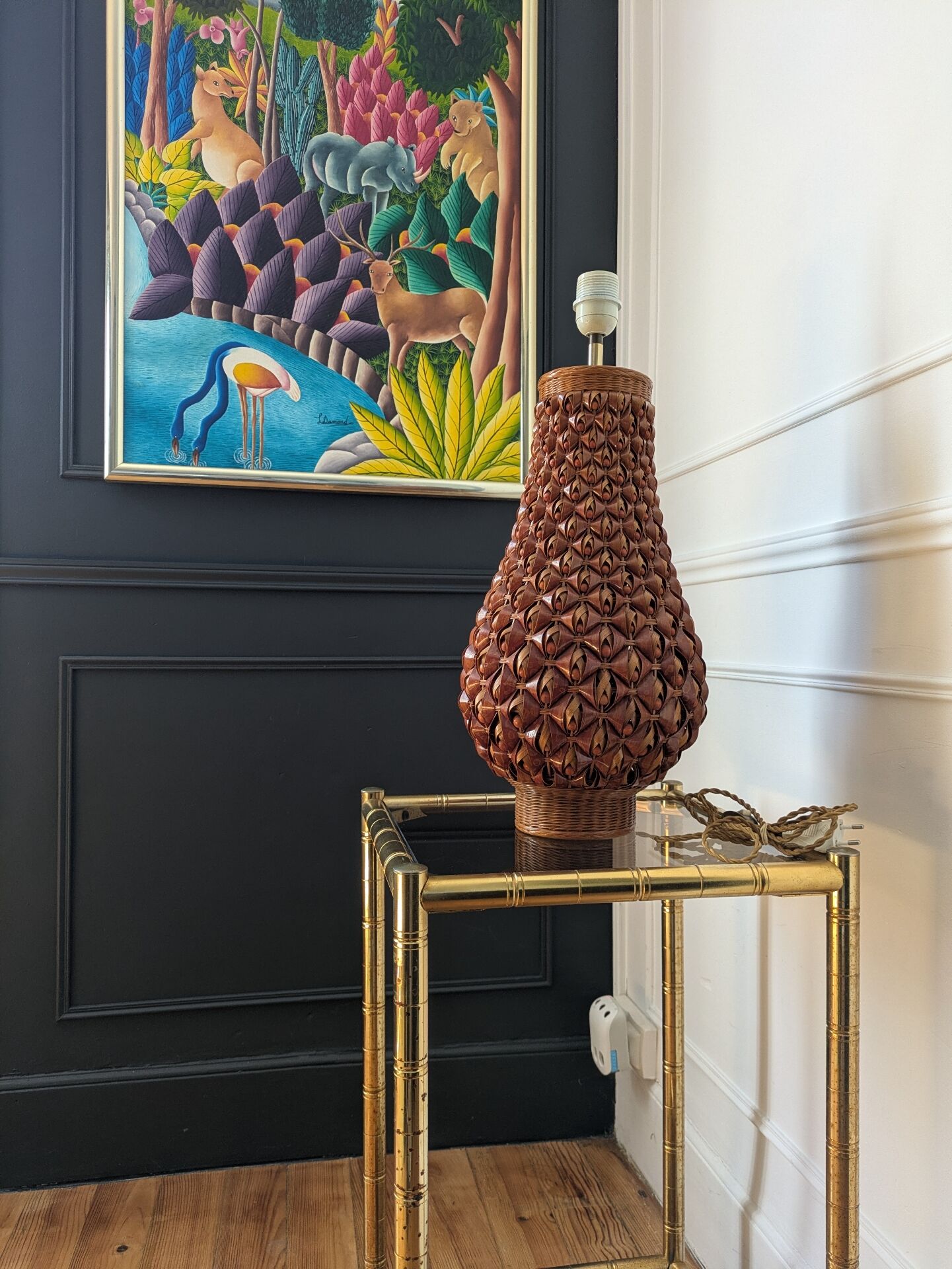 Large vintage woven lamp base in Riviera/Boho style from the 1970s.