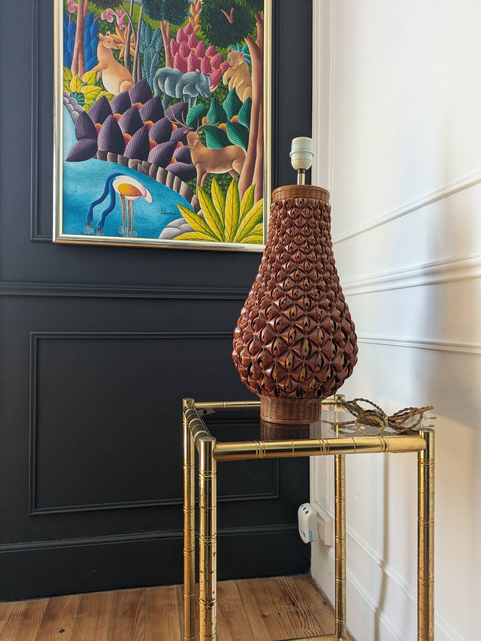Large vintage woven lamp base in Riviera/Boho style from the 1970s.
