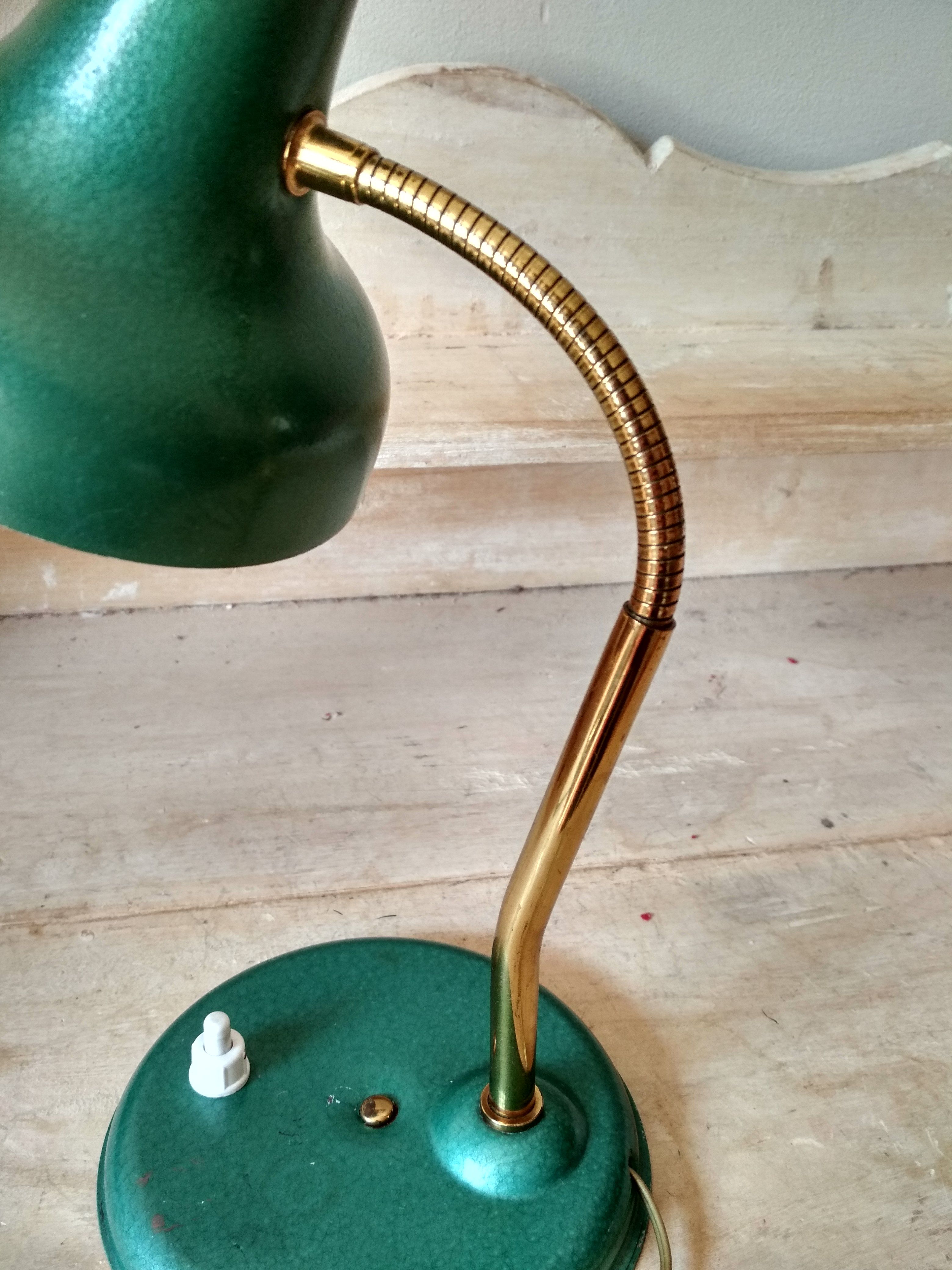 50's 50's green metal articulated desk lamp and golden flexible foot
