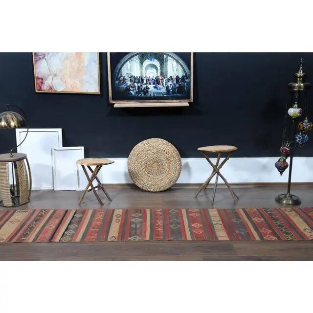 Turkish Kilim Vintage Handmade Wool Runner Rug Orange Gray Runner 66x334