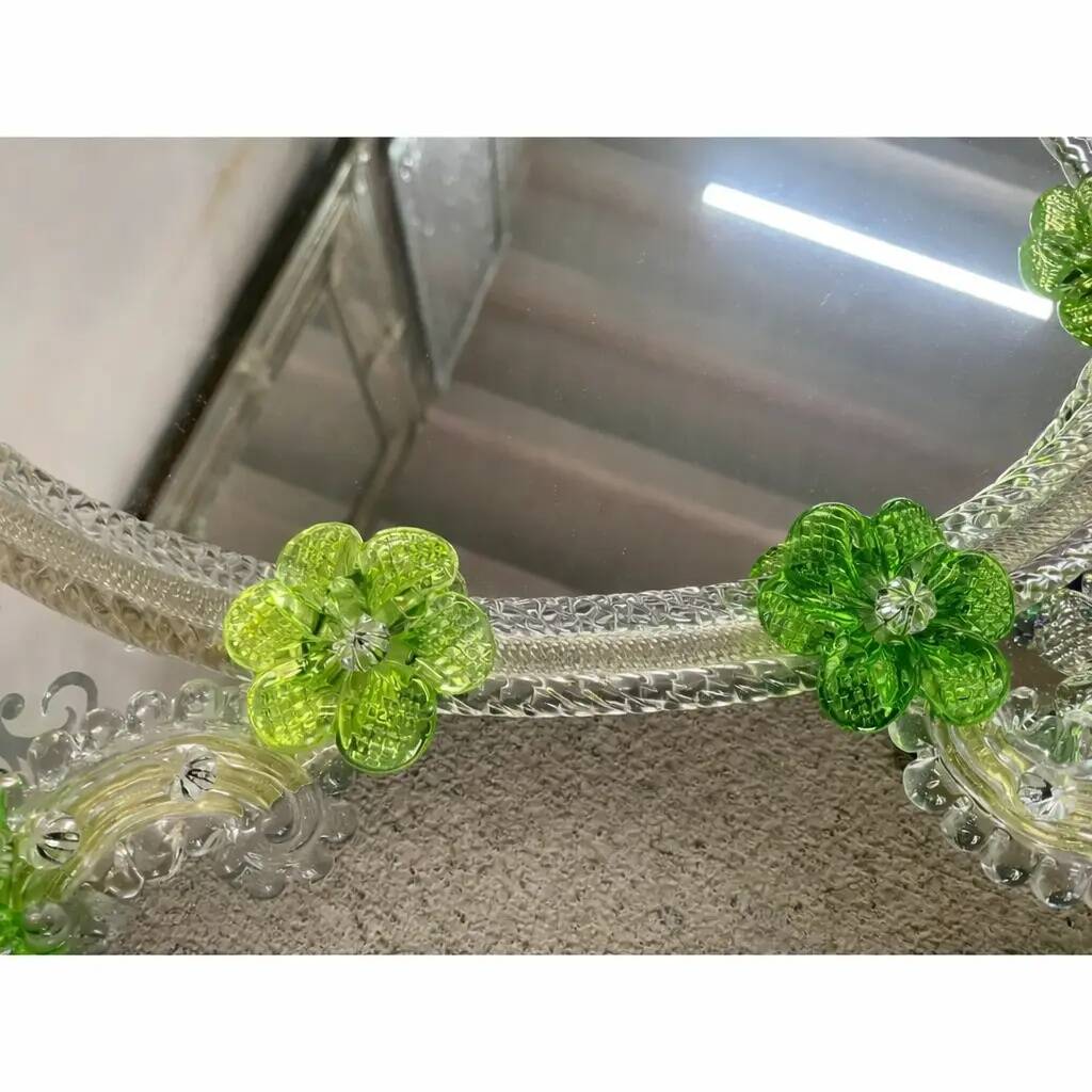 Venetian Oval Green Floral Hand-Carved Mirror – Italian 2000s Murano Glass