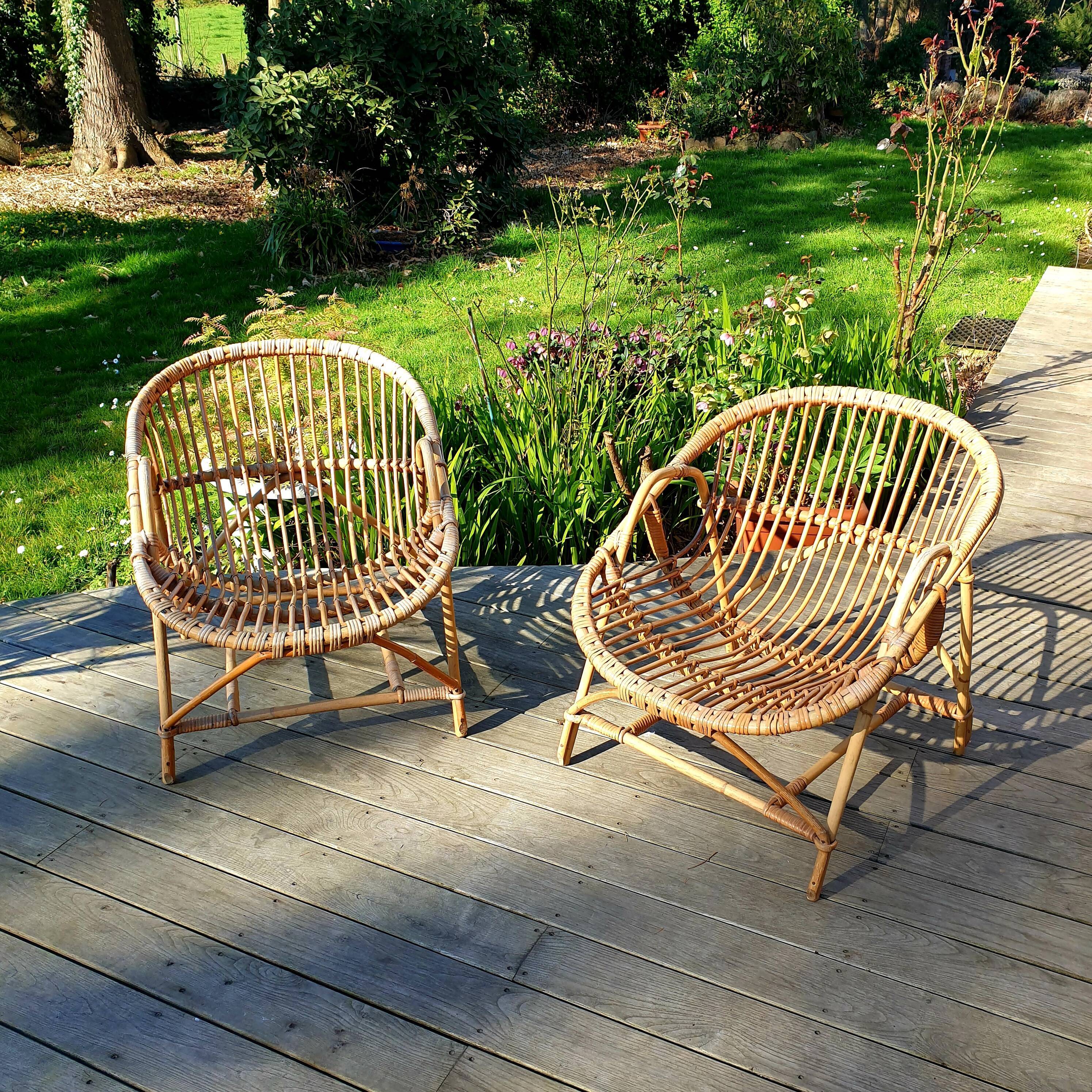 Paire de fauteuils en rotin corbeille vintage années 60