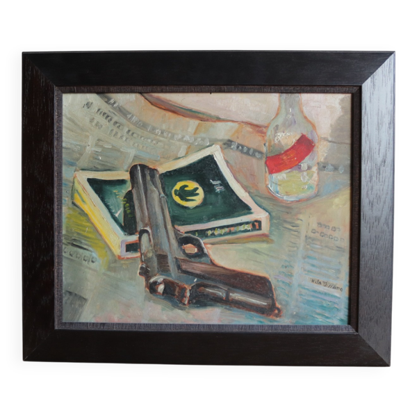 Tableau nature morte au pistolet signé HDA PASSANO