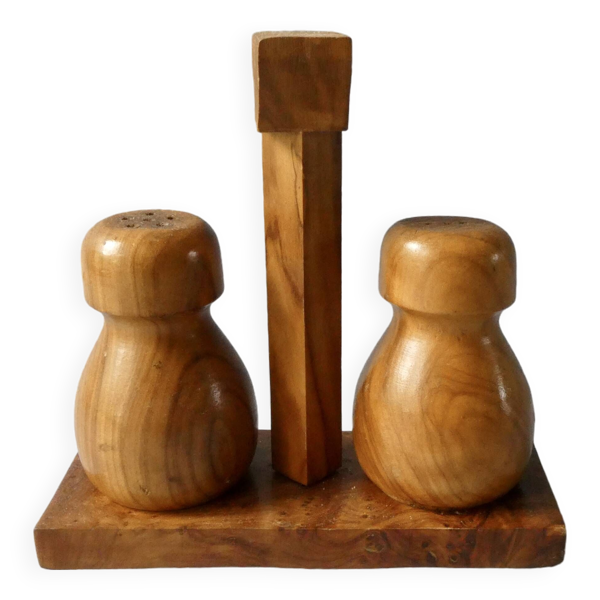 Salière et poivrière en bois d'olivier et loupe, années 70-80