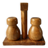 Salt and pepper shakers in olive wood and magnifying glass, 70s-80s