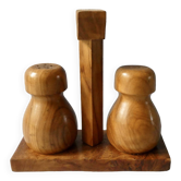 Salière et poivrière en bois d'olivier et loupe, années 70-80