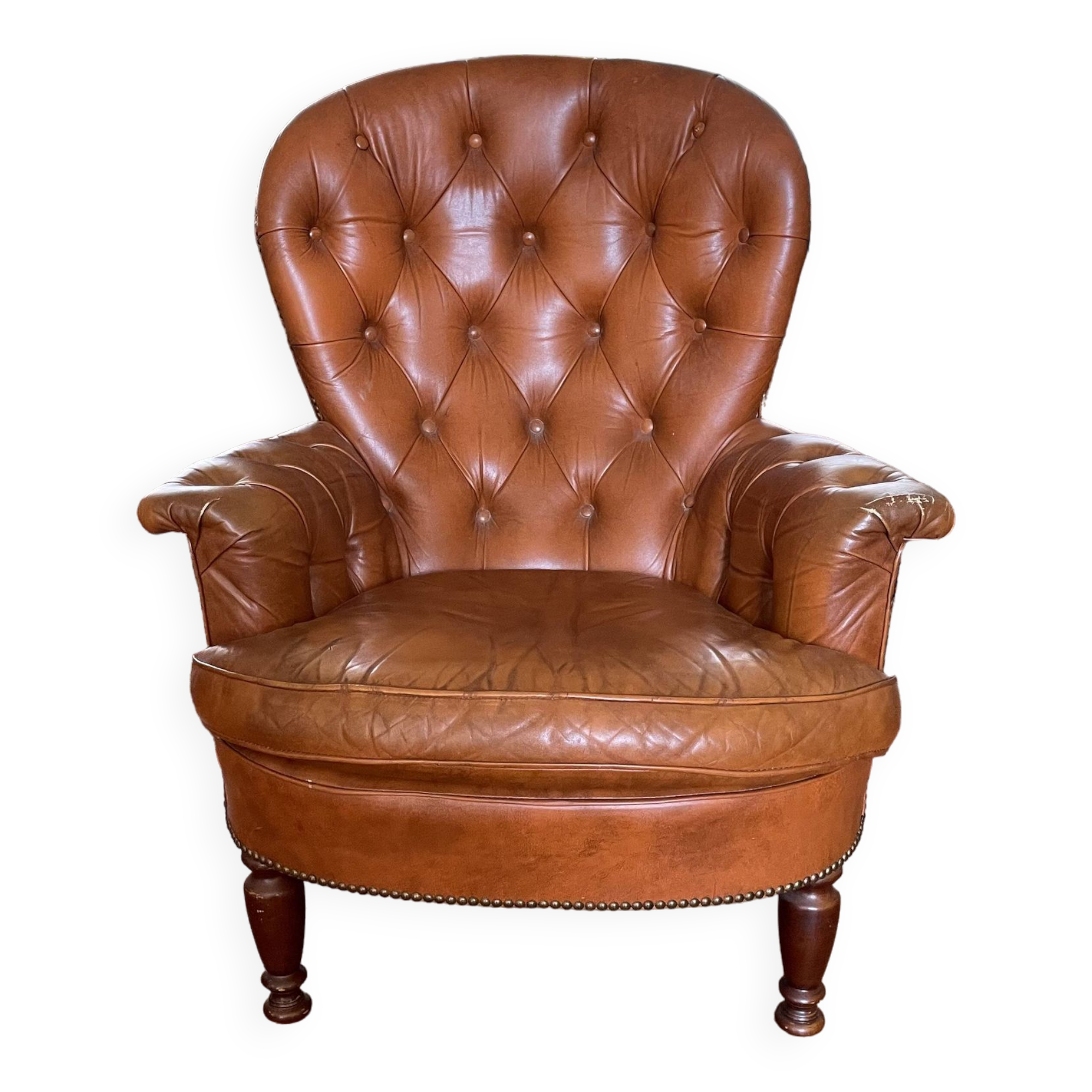 Chesterfield style cognac leather armchair